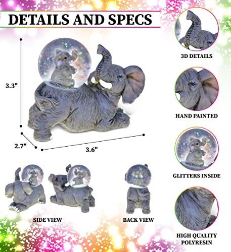 COTA Global Elephant Snow Globe - Wildlife Animal Water Globe Figurine with Sparkling Glitter, Zoo Collectible Novelty Ornament for Home Decor, for Birthdays, Christmas, Valentine - 45mm