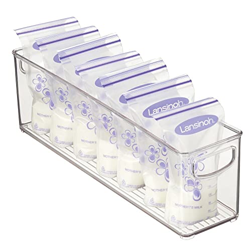 mDesign Plastic Long Stackable Storage Organizer Container, Organization Bin w/Handles for Kitchen, Pantry, Fridge, Freezer, Cabinet, Perfect to Hold Breast Milk - Ligne Collection - 4 Pack, Clear