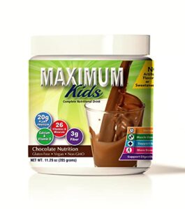 maximum kids complete organic powder mix. great tasting, easy to use, complete nutritional drink with 26 vitamins and minerals, 20g of plant protein, 3g of fiber. kid tested. parents approved.