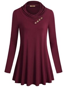 miusey womens tunic shirts,long sleeve cowl neck flared vintage a line loose fit shirt casual top wine red x-large