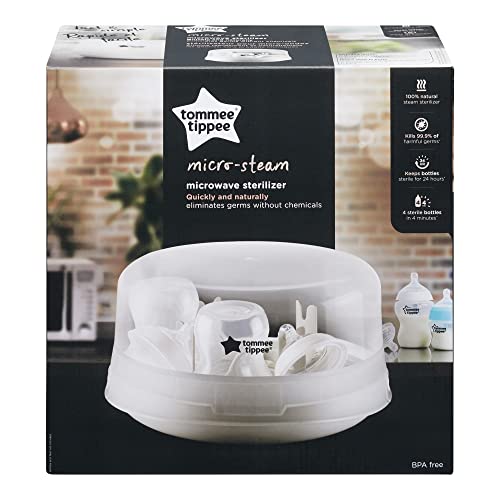 Tommee Tippee Microsteri Microwave Steam Sterilizer for Baby Bottles and Accessories, Kills Viruses* and 99.9% of Bacteria, 4-Minute Sterilization Cycle