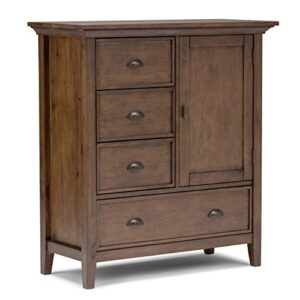 simplihome redmond solid wood 39 inch wide transitional medium storage cabinet in rustic natural aged brown with 3 small drawers, 1 large drawer