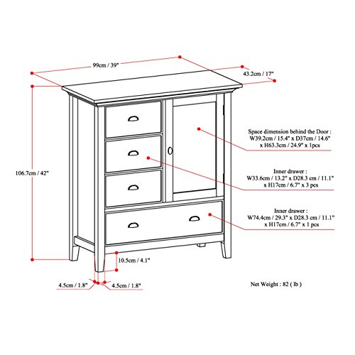 SIMPLIHOME Redmond SOLID WOOD 39 inch Wide Transitional Medium Storage Cabinet in Rustic Natural Aged Brown with 3 Small Drawers, 1 Large Drawer