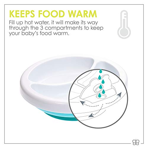 bblüv - Platö - Warming Feeding Plate - 3 Compartments with Suction Base for Baby to Toddler (Aqua) - BPA and Phthalate Free, 7.25x2.25x7.25 Inch (Pack of 1)