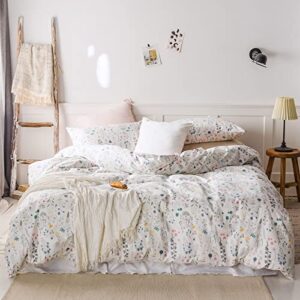 vm vougemarket colorful duvet cover set full queen,100% cotton floral plant bright fresh designed white bedding set,ultra soft and easy care,breathable for girls women-full/queen,floral