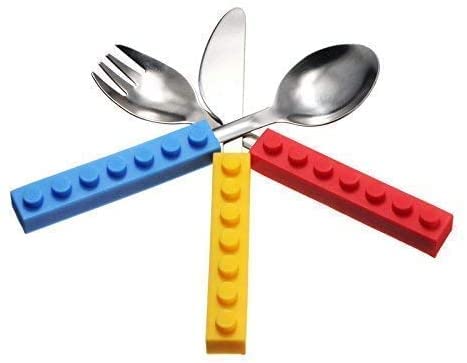 Toddler Utensils and Brick Toys - Set of 3 Interlocking Block Kids Silverware - Toddler Fork and Spoon Set with Toddler Knife for Kids - Non-BPA Kids Cutlery and Kid Safe Stainless Steel Silverware