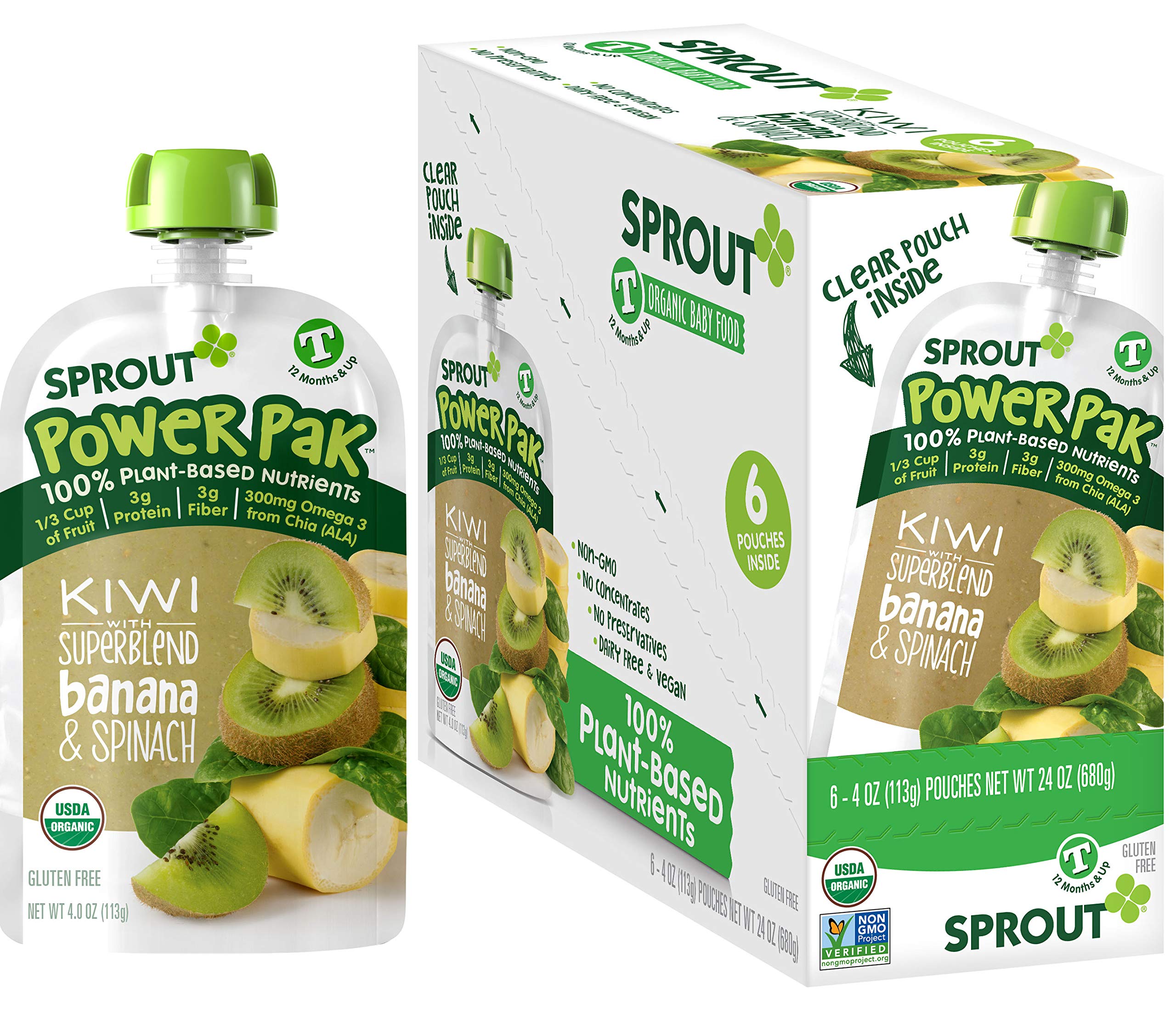 Sprout Organic Baby Food, Stage 4 Toddler Pouches, Kiwi Banana & Spinach Power Pak, 4 Oz Purees (Pack of 6)