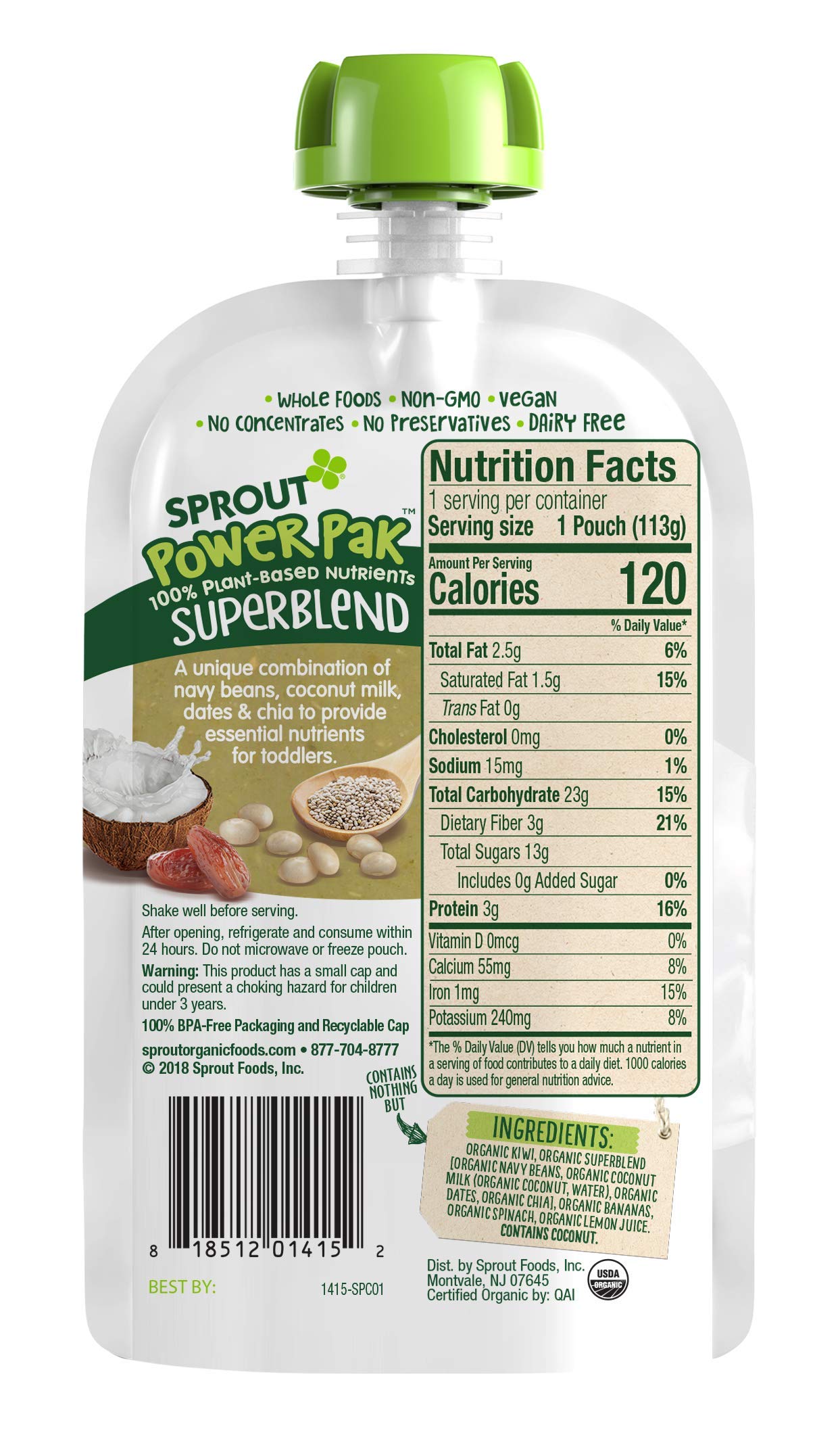 Sprout Organic Baby Food, Stage 4 Toddler Pouches, Kiwi Banana & Spinach Power Pak, 4 Oz Purees (Pack of 6)