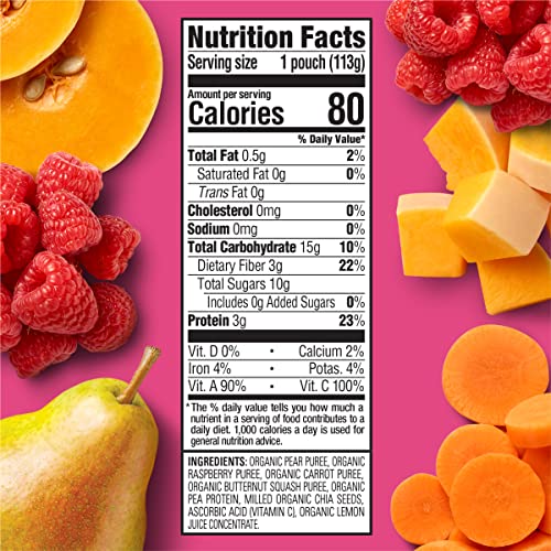 Happy Tot Organics Stage 4 Baby Food Pouches, Gluten Free, Vegan Snack, Fiber & Protein Fruit & Veggie Puree, Pears, Raspberries, Butternut Squash & Carrots, 4 Ounce (Pack of 8)