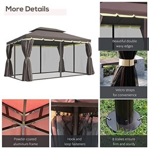 Outsunny 10' x 13' Patio Gazebo, Aluminum Frame Double Roof Outdoor Gazebo Canopy Shelter with Netting & Curtains, for Garden, Lawn, Backyard and Deck, Coffee