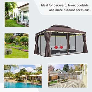 Outsunny 10' x 13' Patio Gazebo, Aluminum Frame Double Roof Outdoor Gazebo Canopy Shelter with Netting & Curtains, for Garden, Lawn, Backyard and Deck, Coffee