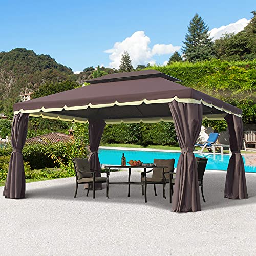 Outsunny 10' x 13' Patio Gazebo, Aluminum Frame Double Roof Outdoor Gazebo Canopy Shelter with Netting & Curtains, for Garden, Lawn, Backyard and Deck, Coffee