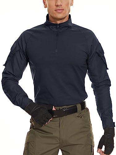 MAGCOMSEN Tactical Men's T-Shirt with Pockets, Long Sleeve, Zipper, High Neck, Lightweight, Black
