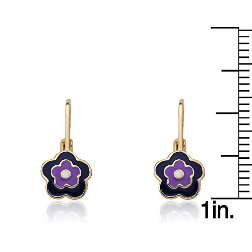 Little Miss Twin Stars Kids Earrings - 14k Gold Plated Frosted Flowers Earrings 3 Tone Blue. Lavender, & White Enamel Flower Leverback Girls Earrings-Brass