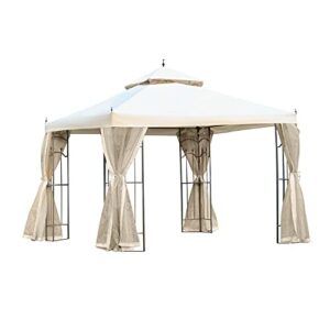 outsunny 10' x 10' patio gazebo with corner frame shelves, double roof outdoor gazebo canopy shelter with netting, for patio, wedding, catering & events, cream white