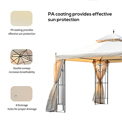 Outsunny 10' x 10' Patio Gazebo with Corner Frame Shelves, Double Roof Outdoor Gazebo Canopy Shelter with Netting, for Patio, Wedding, Catering & Events, Cream White