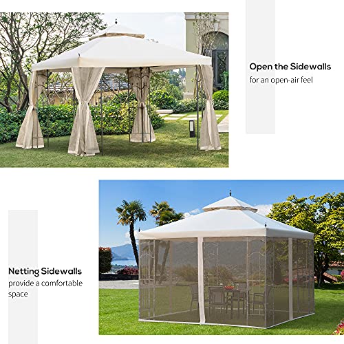 Outsunny 10' x 10' Patio Gazebo with Corner Frame Shelves, Double Roof Outdoor Gazebo Canopy Shelter with Netting, for Patio, Wedding, Catering & Events, Cream White