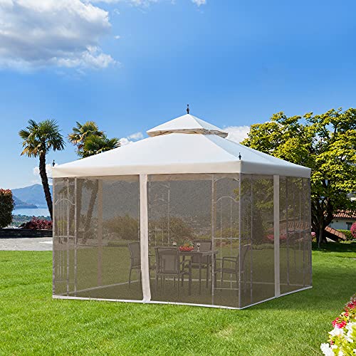 Outsunny 10' x 10' Patio Gazebo with Corner Frame Shelves, Double Roof Outdoor Gazebo Canopy Shelter with Netting, for Patio, Wedding, Catering & Events, Cream White