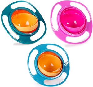 berry president magic bowl 360 degree rotation spill resistant gyro bowl with lid for toddler baby kids childre (pink+blue+green)