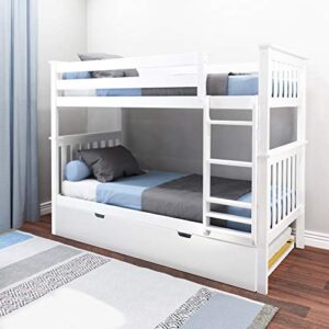 max & lily bunk bed, twin-over-twin wood bed frame for kids with trundle, white