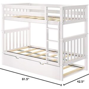 Max & Lily Bunk Bed, Twin-Over-Twin Wood Bed Frame For Kids With Trundle, White