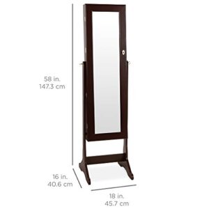 Best Choice Products Standing Mirror Armoire, Lockable Jewelry Storage Organizer Cabinet w/Velvet Interior, 3 Angle Adjustments - Brown