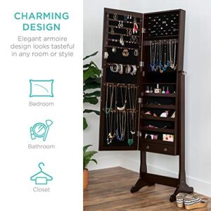 Best Choice Products Standing Mirror Armoire, Lockable Jewelry Storage Organizer Cabinet w/Velvet Interior, 3 Angle Adjustments - Brown