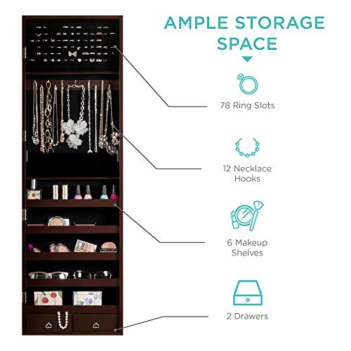 Best Choice Products Standing Mirror Armoire, Lockable Jewelry Storage Organizer Cabinet w/Velvet Interior, 3 Angle Adjustments - Brown