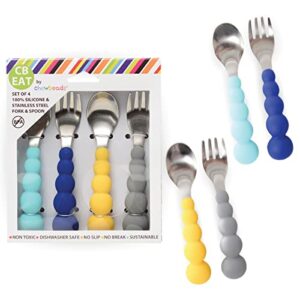 chewbeads - toddler utensils set - 4 piece baby, kid or toddler silverware set - toddler forks and spoons flatware - 100% safe, bpa free & phthalate free (blue/grey)