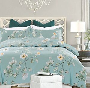 nanko bedding duvet cover set queen, 3 pieces – 800-thread floral microfiber down comforter quilt cover zipper & tie for women & men’s bedroom, luxury guestroom decor -teal