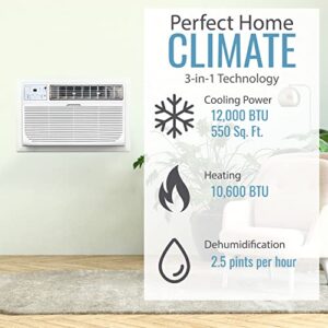 Keystone 12,000 BTU 230V Wall Mounted Air Conditioner & Heater with Dehumidifier Function - Quiet Wall AC & Heater Combo with Remote Control for Small & Medium Sized Rooms up to 550 Sq.Ft.