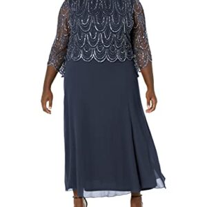 J Kara Women's Plus Size 3/4 Scallop Beaded Pop Over Gown, Navy/Mercury, 20W