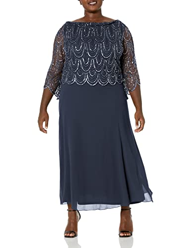 J Kara Women's Plus Size 3/4 Scallop Beaded Pop Over Gown, Navy/Mercury, 20W