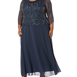 J Kara Women's Plus Size 3/4 Scallop Beaded Pop Over Gown, Navy/Mercury, 20W