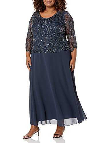 J Kara Women's Plus Size 3/4 Scallop Beaded Pop Over Gown, Navy/Mercury, 20W