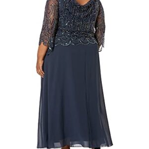 J Kara Women's Plus Size 3/4 Scallop Beaded Pop Over Gown, Navy/Mercury, 20W