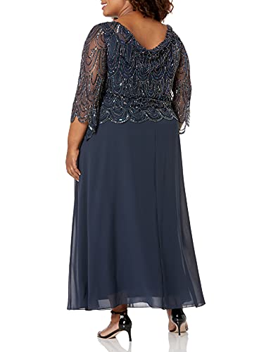 J Kara Women's Plus Size 3/4 Scallop Beaded Pop Over Gown, Navy/Mercury, 20W