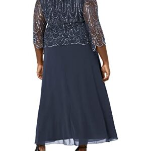 J Kara Women's Plus Size 3/4 Scallop Beaded Pop Over Gown, Navy/Mercury, 20W