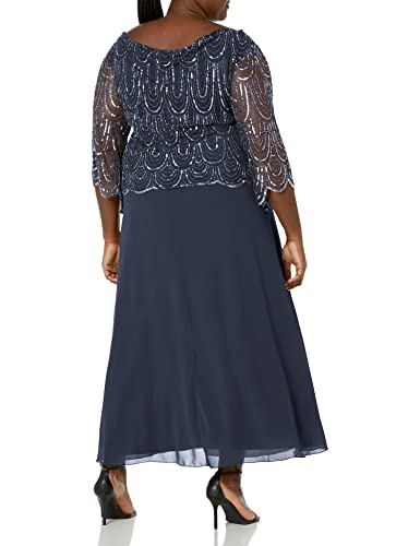 J Kara Women's Plus Size 3/4 Scallop Beaded Pop Over Gown, Navy/Mercury, 20W