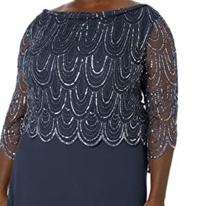 J Kara Women's Plus Size 3/4 Scallop Beaded Pop Over Gown, Navy/Mercury, 20W