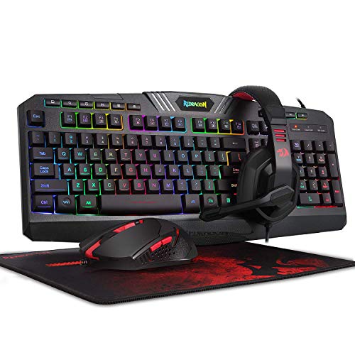 Redragon S101 Wired RGB Backlit Gaming Keyboard and Mouse, Gaming Mouse Pad, Gaming Headset Combo All in 1 PC Gamer Bundle for Windows PC – (Black)