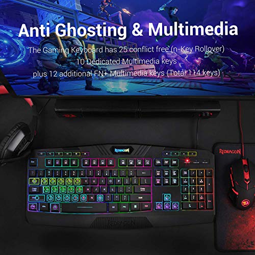 Redragon S101 Wired RGB Backlit Gaming Keyboard and Mouse, Gaming Mouse Pad, Gaming Headset Combo All in 1 PC Gamer Bundle for Windows PC – (Black)