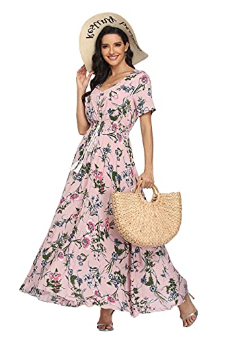 VintageClothing Women's Floral Print Maxi Dresses Boho Button Up Split Beach Party Dress,Pale Dogwood,X-Large