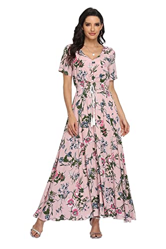 VintageClothing Women's Floral Print Maxi Dresses Boho Button Up Split Beach Party Dress,Pale Dogwood,X-Large