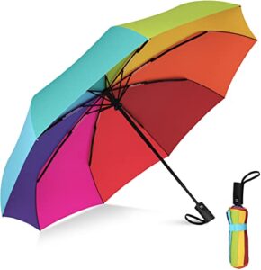 rain-mate compact travel umbrella - pocket portable folding windproof mini umbrella - auto open and close button and 9 rib reinforced canopy (rainbow)