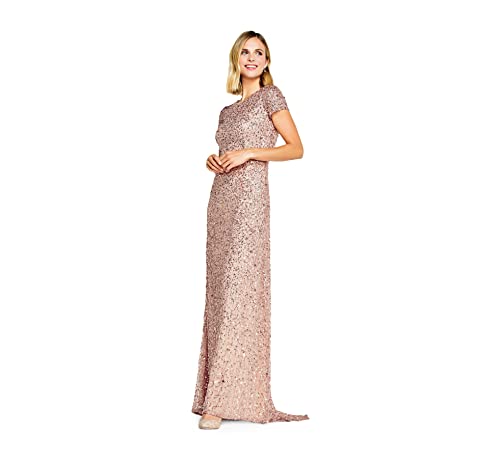 Adrianna Papell Women's Short-Sleeve All Over Sequin Gown, Rosegold, 10