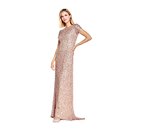 Adrianna Papell Women's Short-Sleeve All Over Sequin Gown, Rosegold, 10