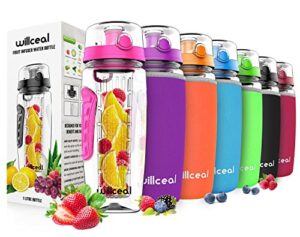 fruit infuser water bottle 32oz willceal- durable, large - bpa free tritan, flip lid, leak proof design - sports, camping (pink)