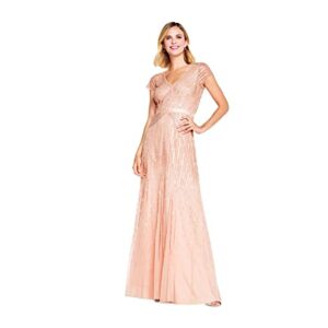 Adrianna Papell Women's Long Beaded V-Neck Dress with Cap Sleeves and Waistband, Blush, 6