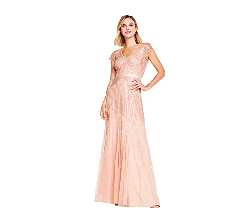 Adrianna Papell Women's Long Beaded V-Neck Dress with Cap Sleeves and Waistband, Blush, 6